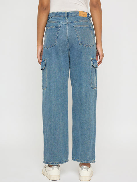 Madame Wide Leg Light Blue Cotton Denim Cargo