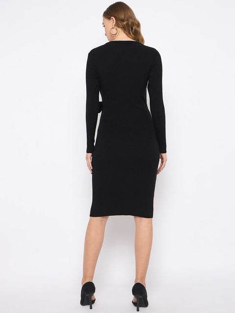 Madame Full Sleeve Tie Waist Black Knit Dress