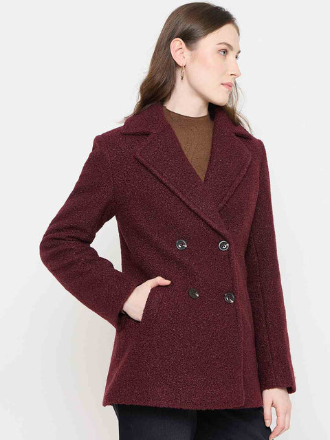 Madame Maroon Coat with Double Breasted Buttons and Notched Collar