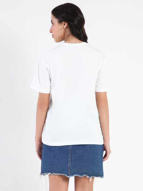 Madame Swarovski and Graphic Print White Cotton T-shirt