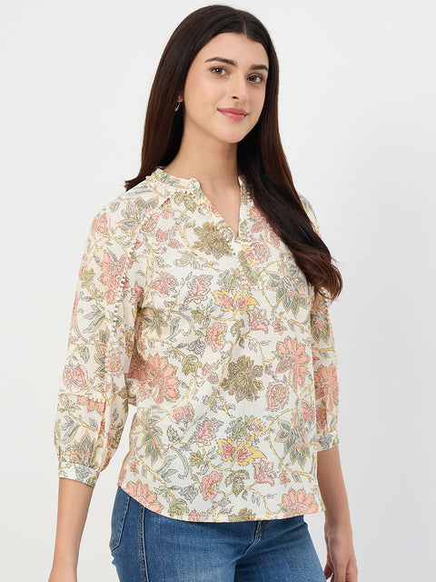 Madame Beige Printed Cotton-Blend Top