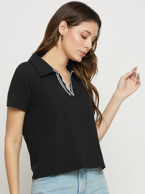 Madame Black Knit Polo Neck Short Sleeve T-Shirt