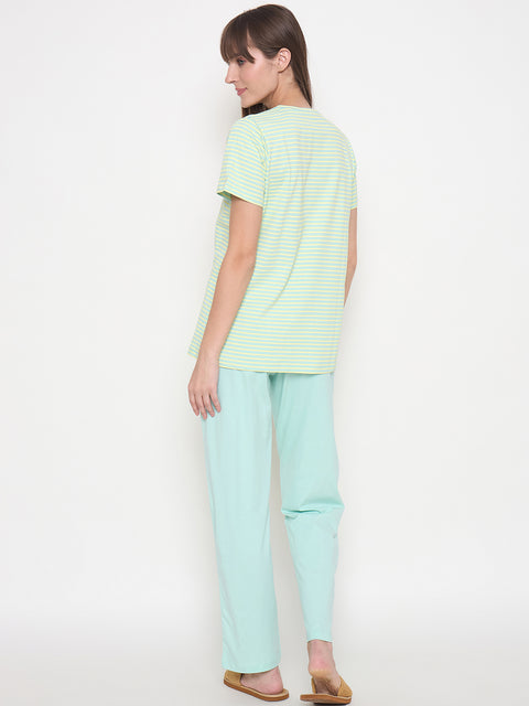 mSECRET Printed Top, Shorts and Bottoms Mint Green Night Suit