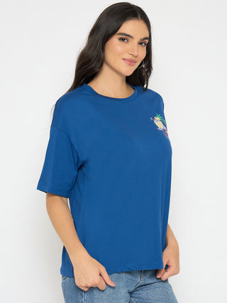 Madame Graphic Adorned Royal Blue Cotton T-shirt