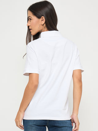 Madame Cotton Blend Solid White Polo T-shirt