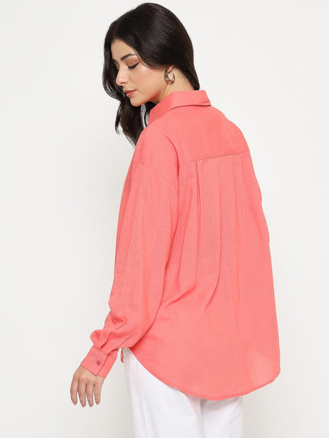 Madame Linen Blend Solid Light Coral Shirt