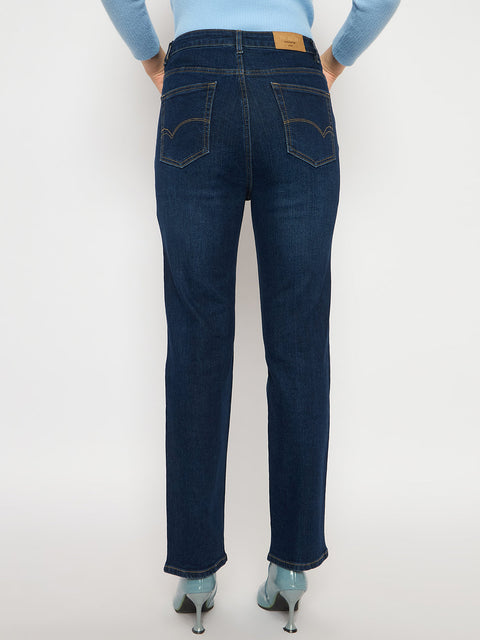 Madame Cotton Blend Stone Wash Straight Fit Dark Blue Denim Jeans
