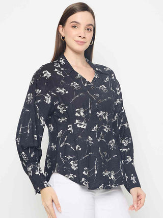 Madame Floral Print Pintuck Detailed Black Shirt