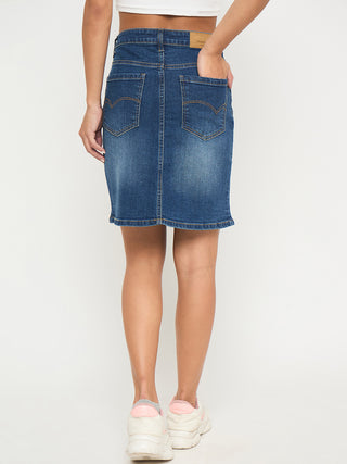 Madame Stone Wash Mid Blue Cotton Blend Mini Denim Skirt