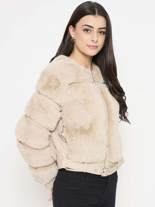 Madame Faux Fur Beige Bomber Jacket