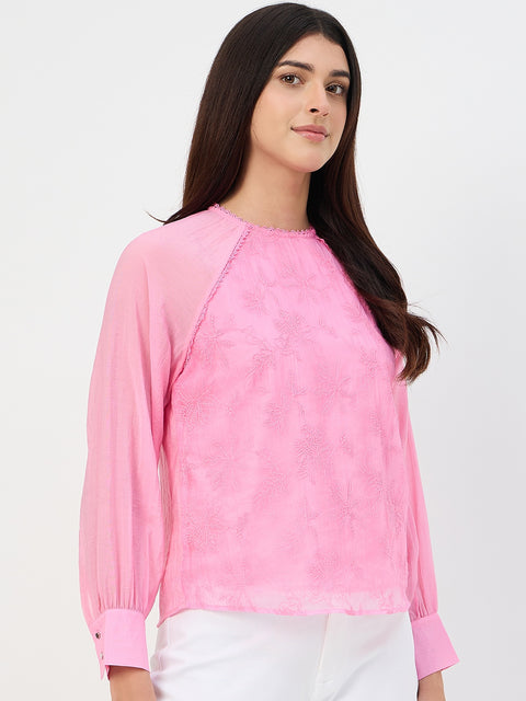 Madame Pink Embroidered Bishop-Sleeve Viscose Top