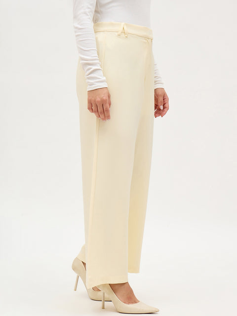 Madame Butter Yellow Solid Trousers With Side Zipper