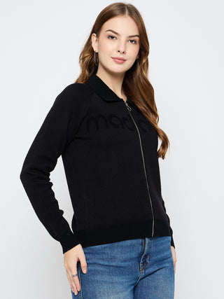 Madame Embroidered Zipped Black Sweater