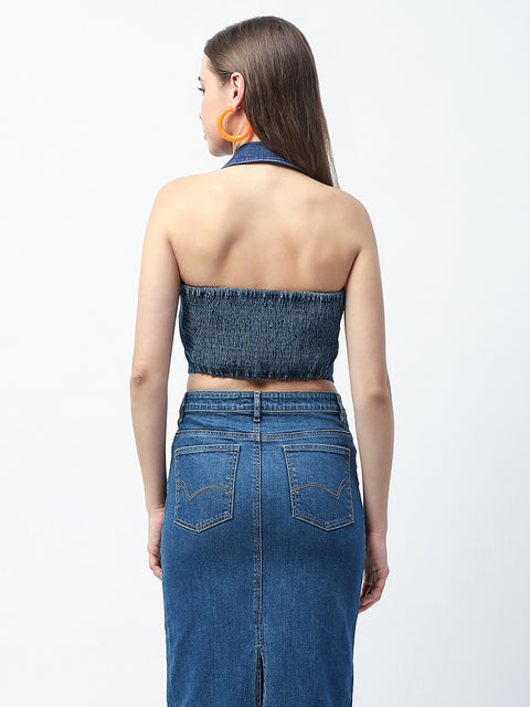 Madame Button-Down Dark Blue Halter Denim Crop Top