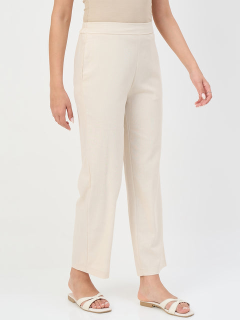 Madame Beige Elastic Waist Linen-Blend Trousers