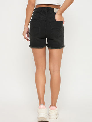Madame Frayed Hem Charcoal Black Cotton Blend Denim Shorts