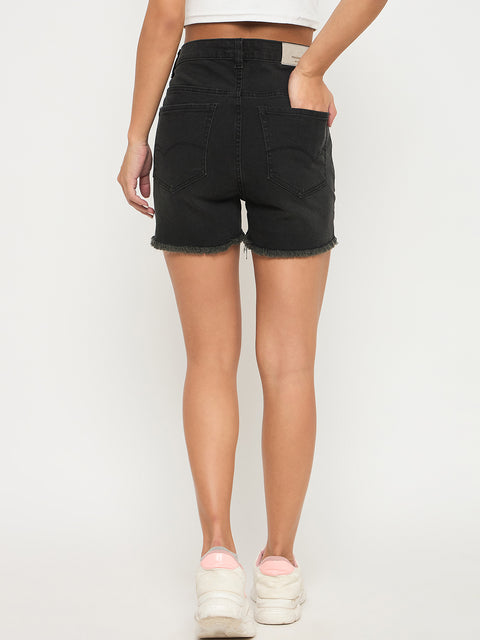 Madame Frayed Hem Charcoal Black Cotton Blend Denim Shorts