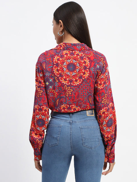 Madame Abstract Print Wrap Tie Detail Red Crop Top