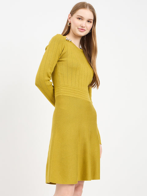 Madame Embellished Fit and Flare Green Knit Dress