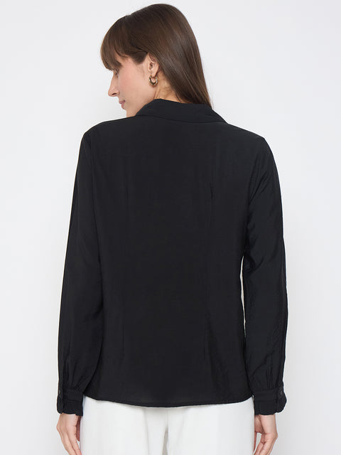 Madame Nylon Blend Heart Embellished Buttoned Black Shirt
