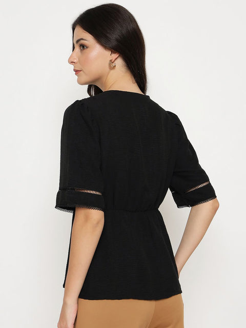 Madame V Neck Black Peplum Top