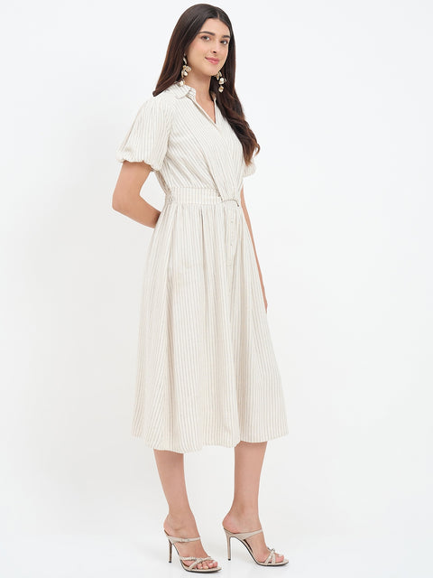 Madame Beige Viscose Linen Blend Midi Dress