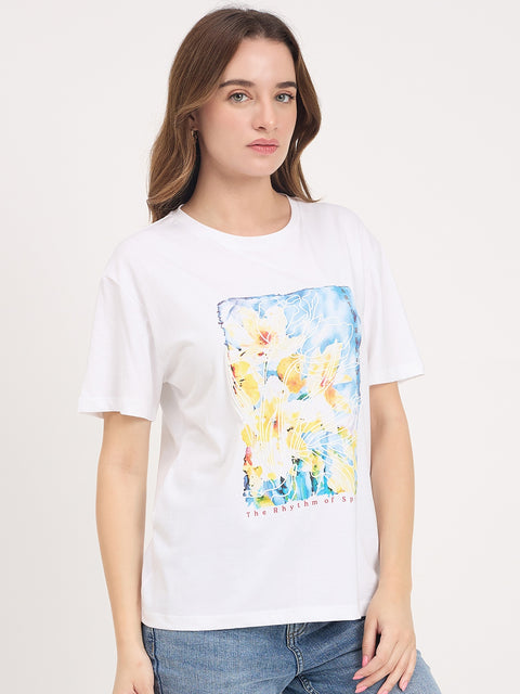 Madame White Graphic Print Cotton Round Neck T-Shirt