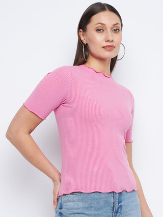Madame Lettuce Hem Pink Ribbed Top