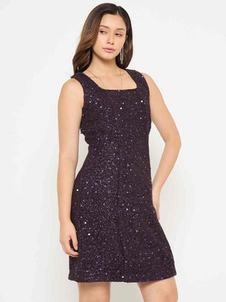 Madame Square Neck Shimmery Purple Sheath Dress
