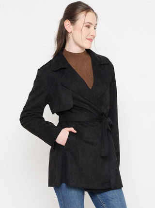 Madame Black Coat with Notched Lapel Collar and Belt