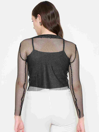 Madame Mesh Mock Neck Spaghetti Solid Black Top
