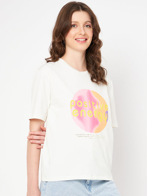 Madame Graphic Print Crew Neck White Cotton T-Shirt