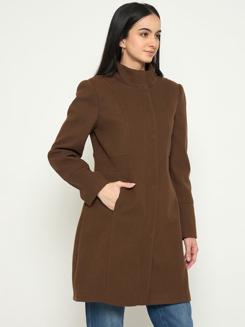 Madame Brown Mock Neck Long Coat with Buttons