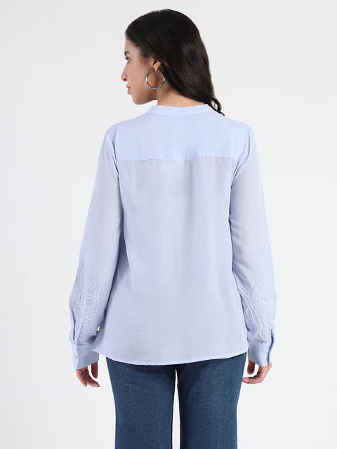 Madame Tencel Blend Embroidery Detail Blue Shirt
