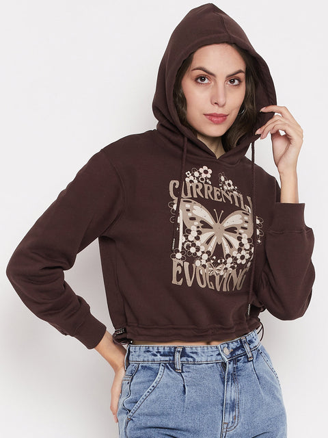 Madame Printed Coffee Brown Crop Sweatshirt