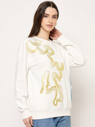 Madame Printed Crew Neck White Sweater