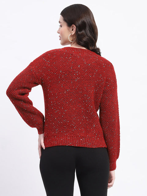Madame Shimmery V Neck Relaxed Fit Wine Sweater