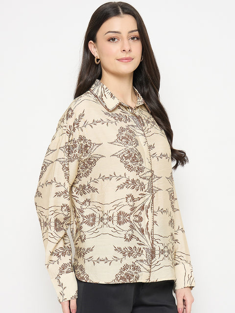 Madame Beige Rayon-Nylon Printed Shirt