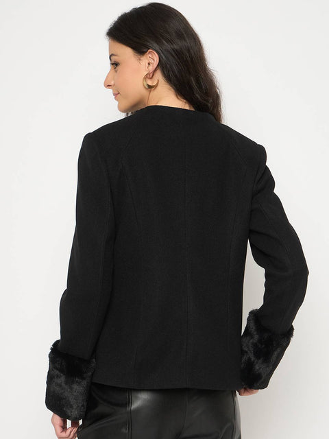 Madame Front Pocketed Round Neck Black Short Coat
