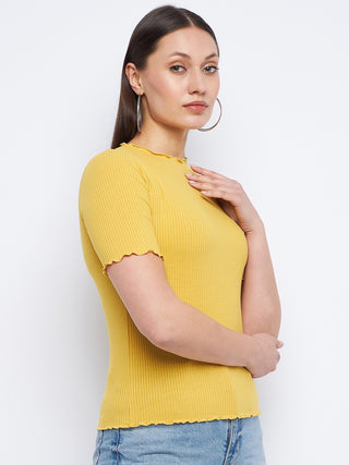 Madame Solid Mustard Yellow Lettuce Hem Top