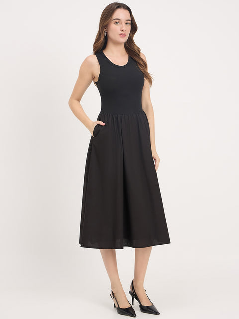 Madame Black Cotton Sleeveless Fit and Flare Maxi Dress