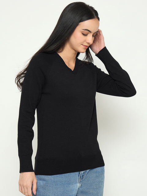Madame V Neck Solid Black Sweater