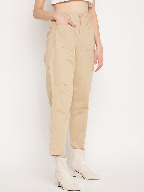 Madame Beige Ankle Length Cotton Trousers