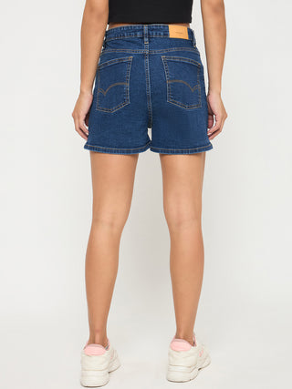 Madame Cotton Blend Solid Mid Blue Denim Shorts