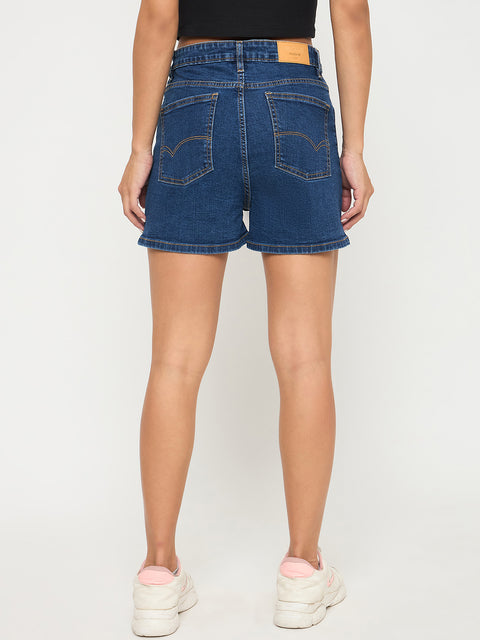 Madame Cotton Blend Solid Mid Blue Denim Shorts