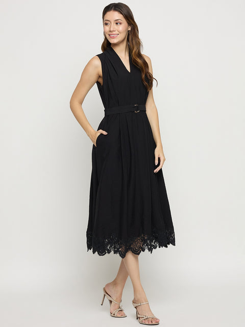 Madame Black Viscose Mandarin Collar Sleeveless Midi Dress
