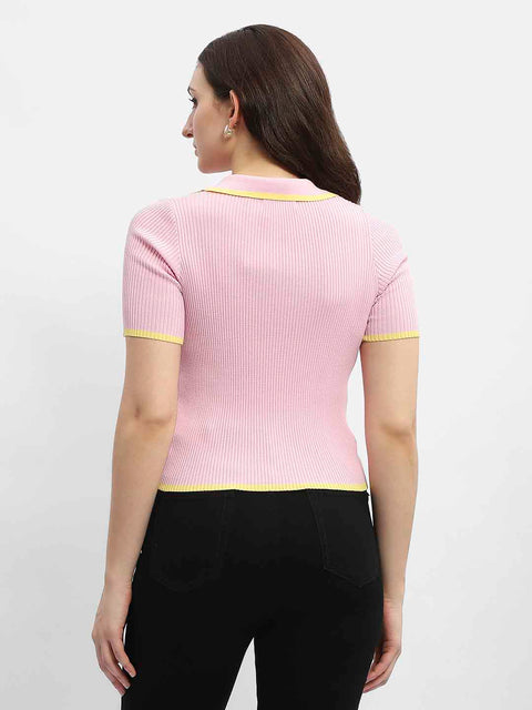 Madame Polo Neck Pink Ribbed T-Shirt