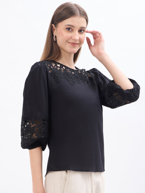 Madame Lace Patchwork Black Cotton Top
