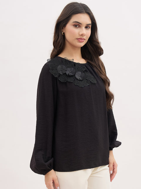 Madame Black 3D Floral Applique Crinkle Top