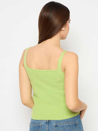 Madame Sleeveless Solid Green Ribbed Knit Sweater